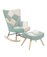 Streamdale Furniture Rocking Chair with ottoman, Mid Century Fabric Rocker Chair with Wood Legs and Patchwork Linen for Livingroom Bedroom