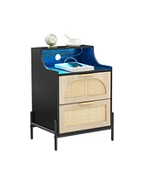 Rattan Nightstand with Charging Station and Led Lights, Bedside Table with 2 Storage Rattan Drawer, Storage End Table, Black