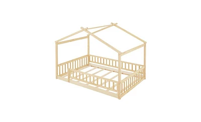 Slickblue Wooden House Bed Frame with Fence for Kids' Room Fun and Safe Sleeping Space