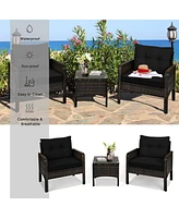 Sugift 3 Pcs Outdoor Patio Rattan Conversation Set with Seat Cushions-Black