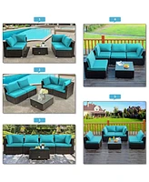 Sugift 5 Pieces Cushioned Patio Rattan Furniture Set with Glass Table-Turquoise