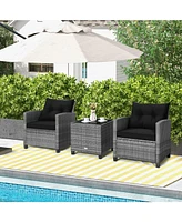 Sugift 3 Pieces Outdoor Wicker Conversation Set with Tempered Glass Tabletop-Black