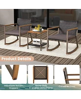 Sugift 3 Pieces Rattan Rocking Bistro Set with Coffee Table and Cushions-Gray