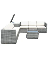 Sugift 8 Piece Wicker Sofa Rattan Dinning Set Patio Furniture with Storage Table-White