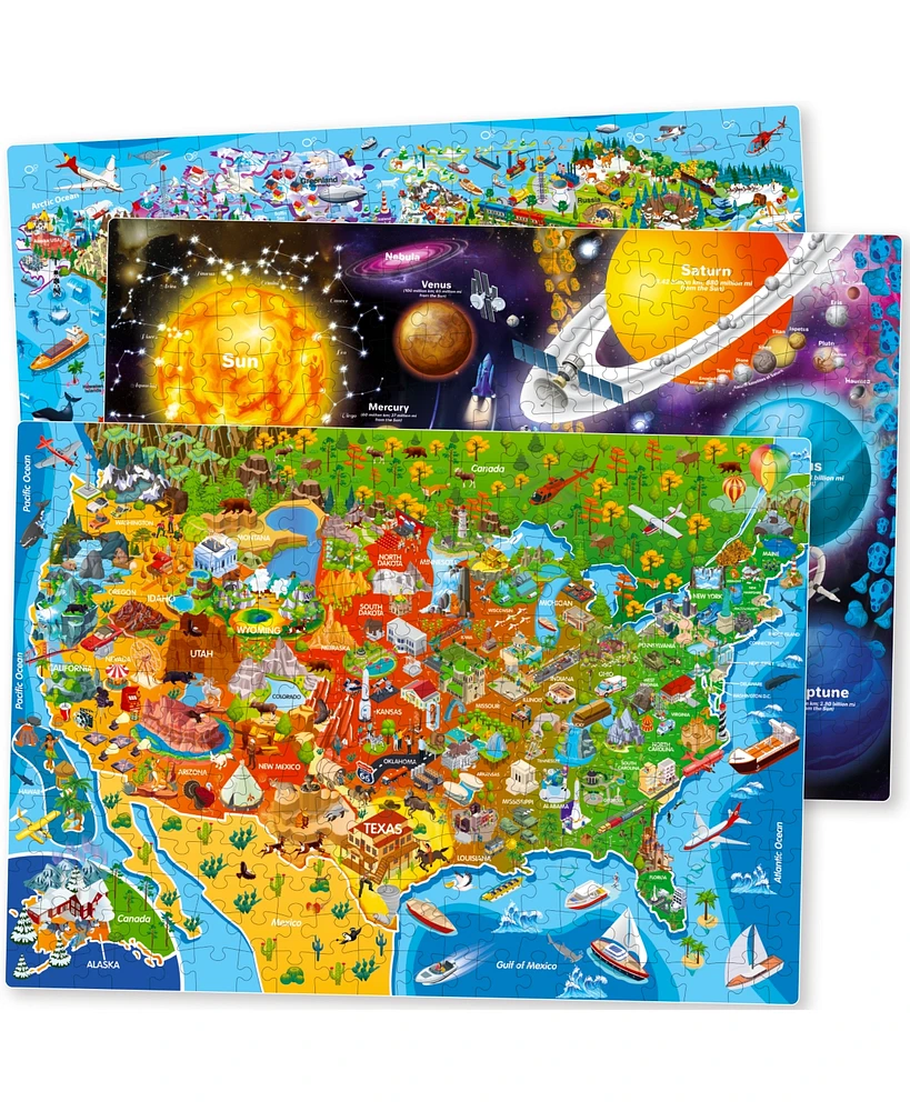 Quokka 3 Pack Puzzles for Kids Ages 8-10 and Adults - World, Usa Map & Space