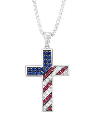 Grown With Love Men's Lab Grown Multi-Gemstone (2-1/2 ct. t./w.) Flag Cross 22" Pendant Necklace in Sterling Silver