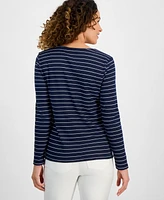 Style & Co Petite North Stripe Long-Sleeve Scoop-Neckline Top, Exclusively at Macy's