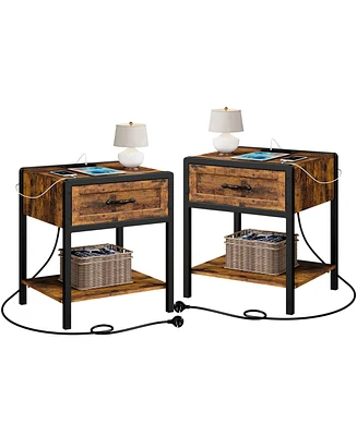 gaomon Nightstand Set of 2 with Charging Station, Retro Side Table with 1 Drawer, Open Storage Shelf