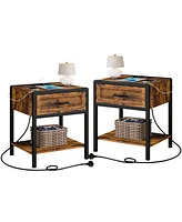 gaomon Nightstand Set of 2 with Charging Station, Retro Side Table with 1 Drawer, Open Storage Shelf