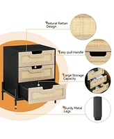 gaomon Rattan Nightstand, 25" Tall Black Nightstand with 3 Natural Rattan Drawers, Boho Mid Century Modern End Table Side Table