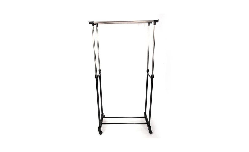 Slickblue Adjustable Dual-Bar Clothes Rack with Horizontal & Vertical Stretch, Shoe Shelf, Black & Silver