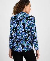 Ak Anne Klein Petite Long-Sleeve V-Neck Collar Printed Top