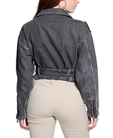 Guess Women's Cropped Belted-Hem Denim Moto Sandy Jacket