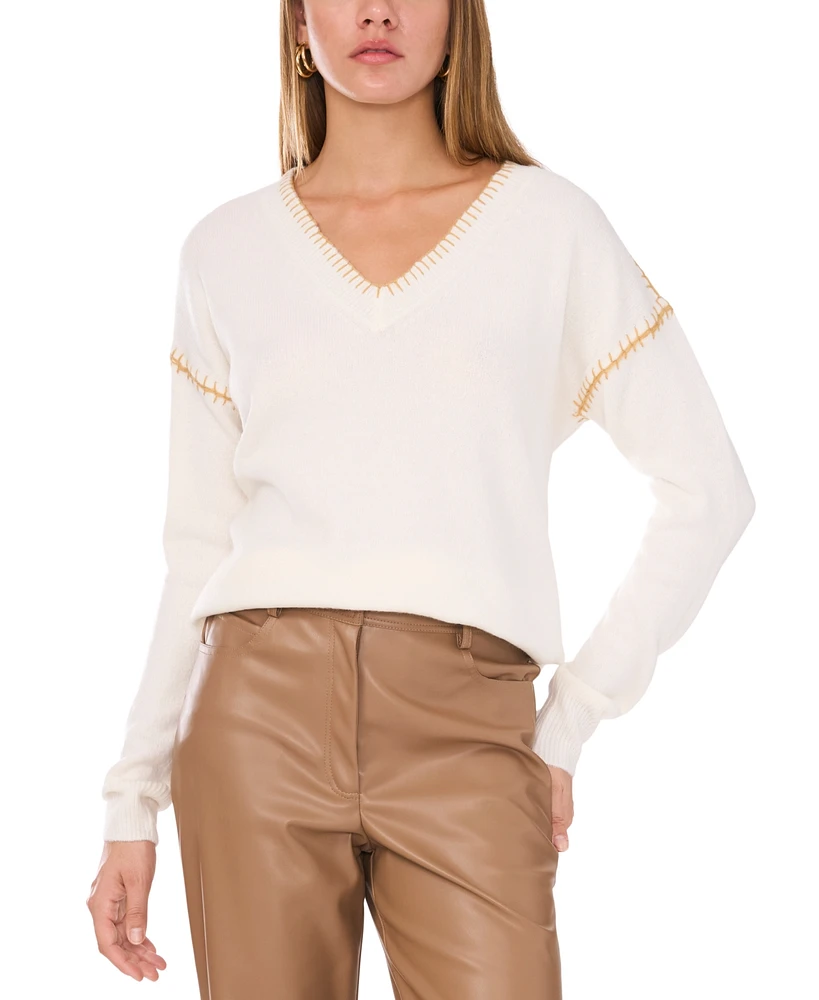 Vince Camuto Women's Whip-Stitch Trim V-Neck Sweater