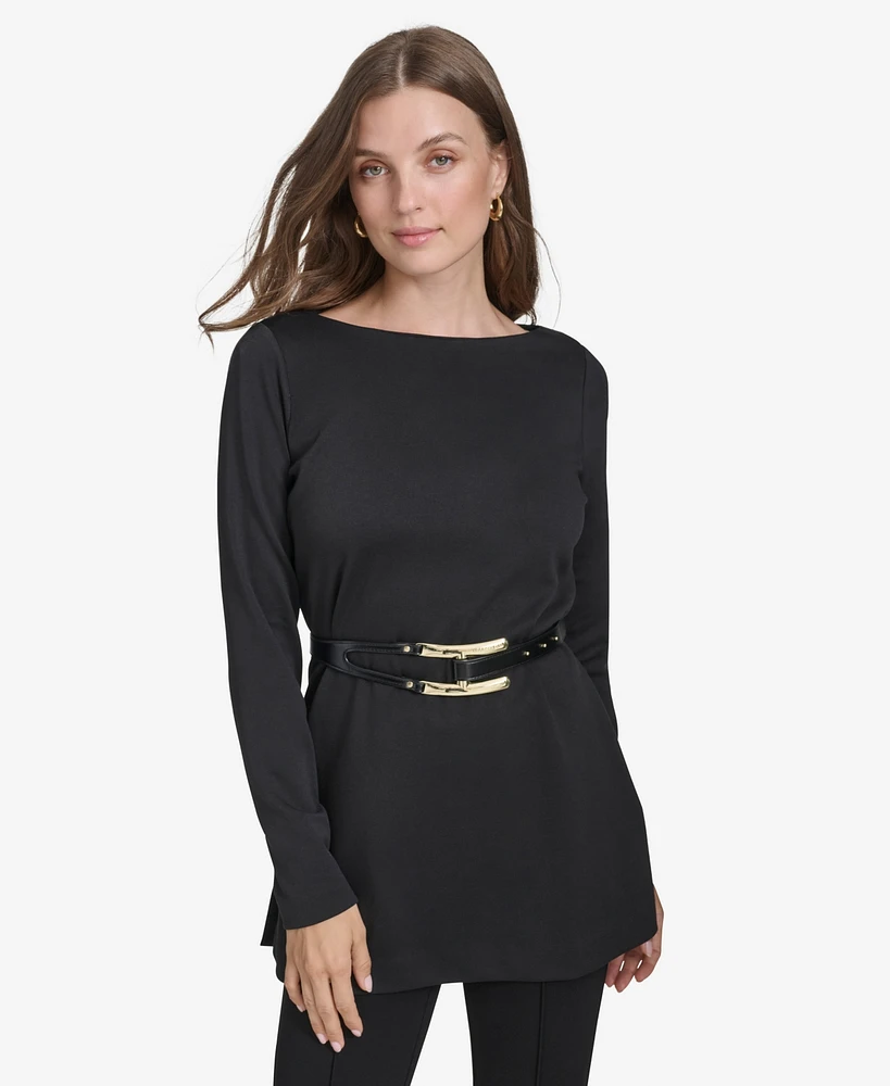 Halston Women's Logo Belt Boat-Neck Top