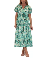 julia jordan Women's Printed Split-Neck Puff-Sleeve Dress