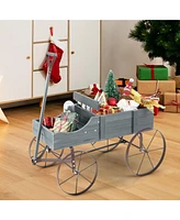 Sugift Wooden Wagon Plant Bed with Metal Wheels for Garden Yard Patio-Gray