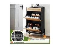 gaomon Natural Rattan Shoe Cabinet with 2 Flip Door and 1 Drawer, Freestanding Shoe Storage Organizer