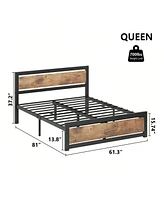 gaomon Bed Frame With Headboard, Industrial Platform Bedframe No Box Spring Needed, 14 Inch Metal Mattress Frame Noise Free, Rustic Brown