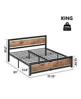 gaomon Bed Frame With Headboard, Industrial Platform Bedframe No Box Spring Needed, 14 Inch Metal Mattress Frame Noise Free, Rustic Brown