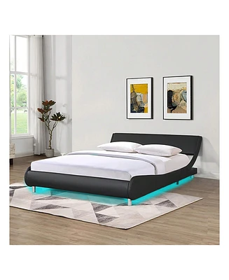 gaomon Queen Upholstered Platform Bed Frame With Led Lights,Curve Design Faux Leather Upholstered Platform Bed,Wood Slat Support, No Box Spring Needed