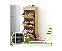 gaomon Natural Rattan 3 Flip Door Shoe Cabinet, Modern Shoe Rack Storage Organizer with Drawer and 3