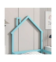 gaomon Pine Wood Floor Bed Frame With House Shaped Headboard Full-Length Guardrails Twin Size For Toddler Kids Girls Boys