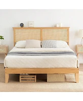 gaomon Rattan Bed Frame Queen With Natural Rattan Headboard,Queen Bed Frame With Led Lights,Rattan Queen Bed Frame With Headboard,Solid Wood Foundatio