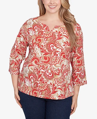 Hearts of Palm Plus Size Printed Essentials Split Neck Top