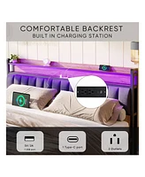 gaomon Full Size Bed Frame With Storage Headboard, 2 Drawers, Charging Station Led Upholstered Bed Frame, No Box Spring Needed Platform Bed Frame For