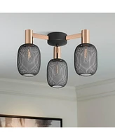 Possini Euro Design Coburn 16 3/4" Modern Industrial Semi Flush-Mount Ceiling Light Fixture Kitchen Foyer Hallway 3-Light Black Rose Gold Finish Mesh