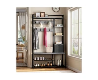 gaomon 5-in-1 Coat Rack, Hall Tree with Bench and Shoe Storage, Freestanding Entryway Bench with 5-Tier Open Shelves, Fabric Storage Basket and 12 Hoo
