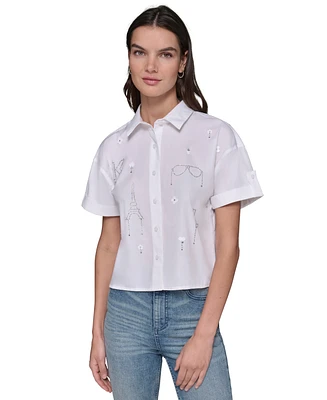 Karl Lagerfeld Paris Women's Embellished Poplin Button-Front Top