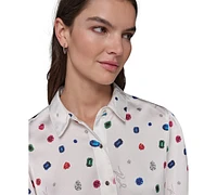 Karl Lagerfeld Paris Women's Printed Bungee-Sleeve Top, Regular & Petite