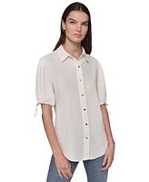 Karl Lagerfeld Paris Women's Linen-Blend Bungee-Sleeve Button-Front Top, Regular & Petite