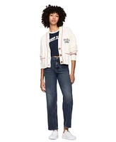 Tommy Jeans Womens Prep Cotton Varsity Embroidered Cable Knit Cardigan Cropped Varsity T Shirt High Rise Straight Leg Jeans