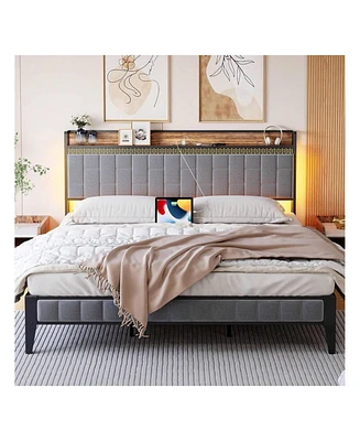 gaomon Full/Queen/King Size Bed Frame With Charging Station, Led Bed Frame With Storage Headboard, Upholstered Platform Bed Frame