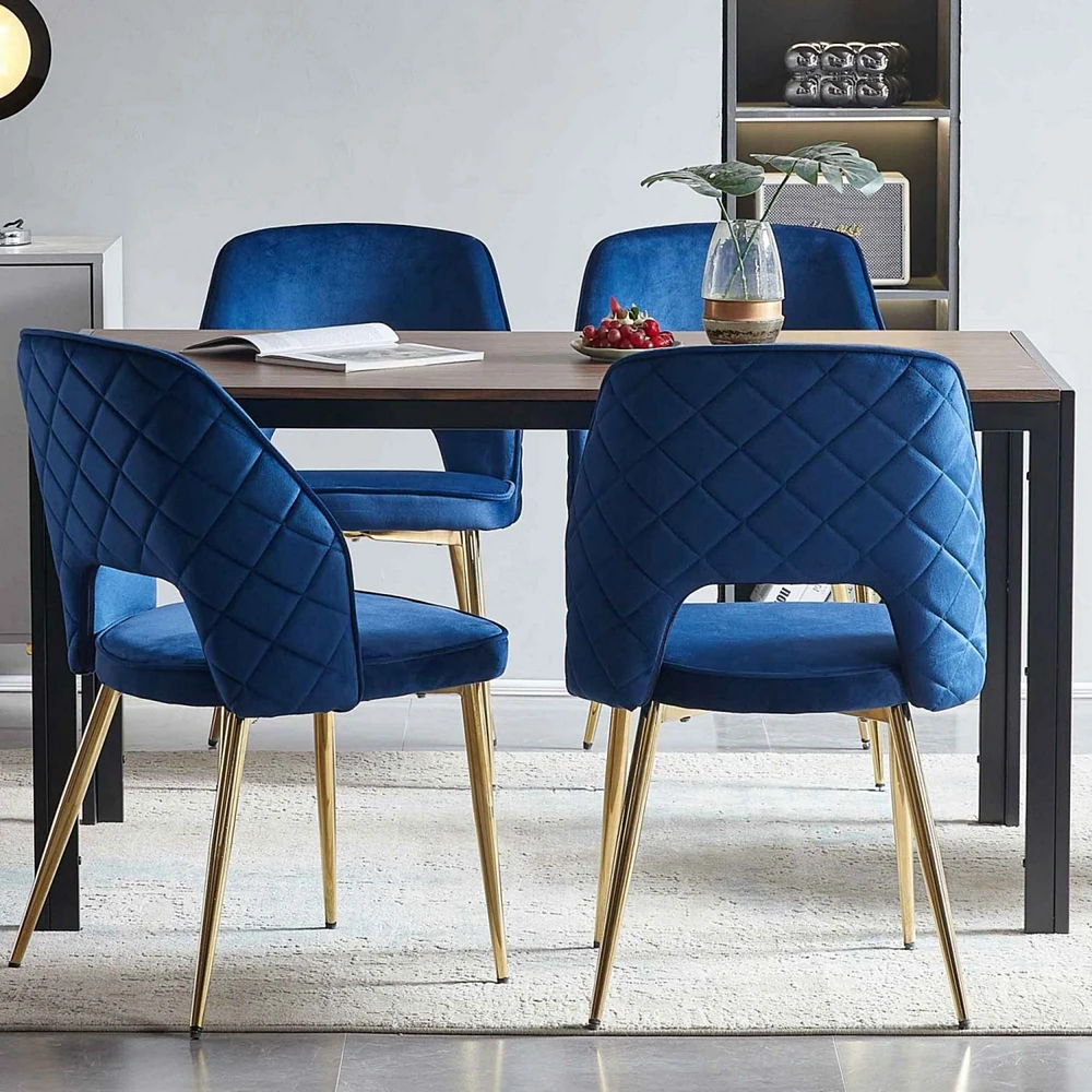 Streamdale Furniture Blue Velvet Dining Chairs with Metal Legs and Hollow Back Upholstered Dining Chairs Set of 4