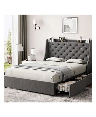 gaomon Full /Queen Bed Frame With 4 Storage Drawers, Platform Type-c & Usb Port And Charging Station, Upholstered Wingback Headboard Stor