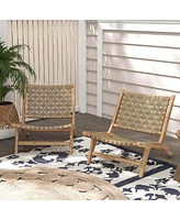 Costway Modern Teak Wood Lounge Chair with Nylon Woven Backrest & Seat Comfy Reading Chair