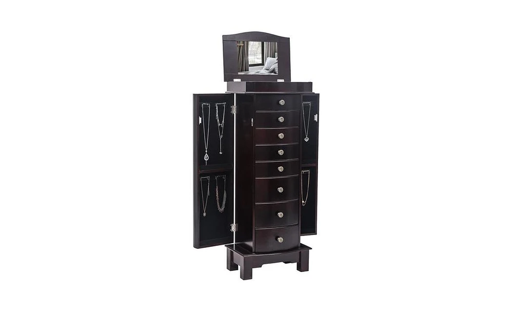 Slickblue Jewelry Armoire with Mirror, 8 Drawers, 16 Necklace Hooks, and 2 Side Swing Doors, Brown Finish