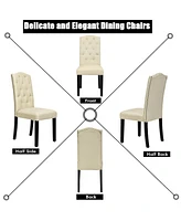 Gymax Set of 4 Beige Tufted Dining Chair Upholstered w/ Nailhead Trim & Rubber Wooden Legs