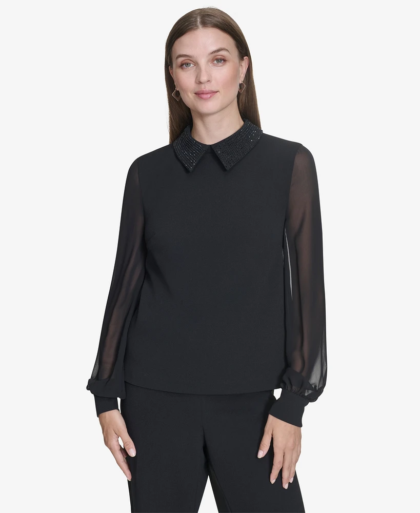 Halston Women's Chiffon-Sleeve Rhinestone-Collar Blouse