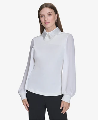 Halston Women's Chiffon-Sleeve Rhinestone-Collar Blouse