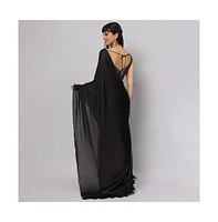 One Minute Saree Petite Zaara Black Satin with Feather Trim Ready To Wear Sari