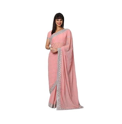 One Minute Saree Petite Aaliya Dusty Rose Silver Embroidered Mirror Work Ready to Wear Sari