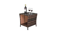 Slickblue Brown Gradient Iron Frame Rattan Side Table with Glass Surface - Elegant Design