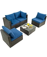 Sugift 5 Pieces Cushioned Patio Rattan Furniture Set with Glass Table