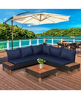 Sugift 4 Pieces Patio Cushioned Rattan Furniture Set with Wooden Side Table