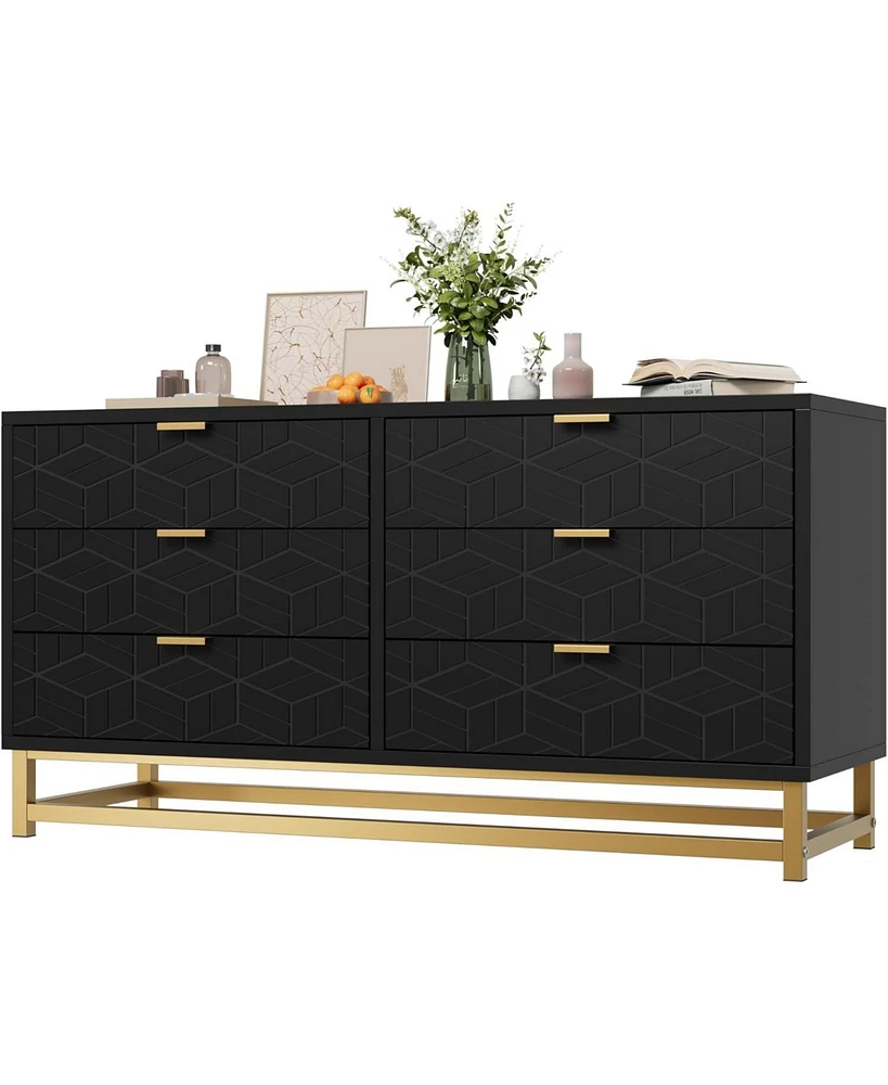 gaomon Dresser for Bedroom, 6 Drawer Dresser Organizer with Golden Metal Handle and Legs,Black